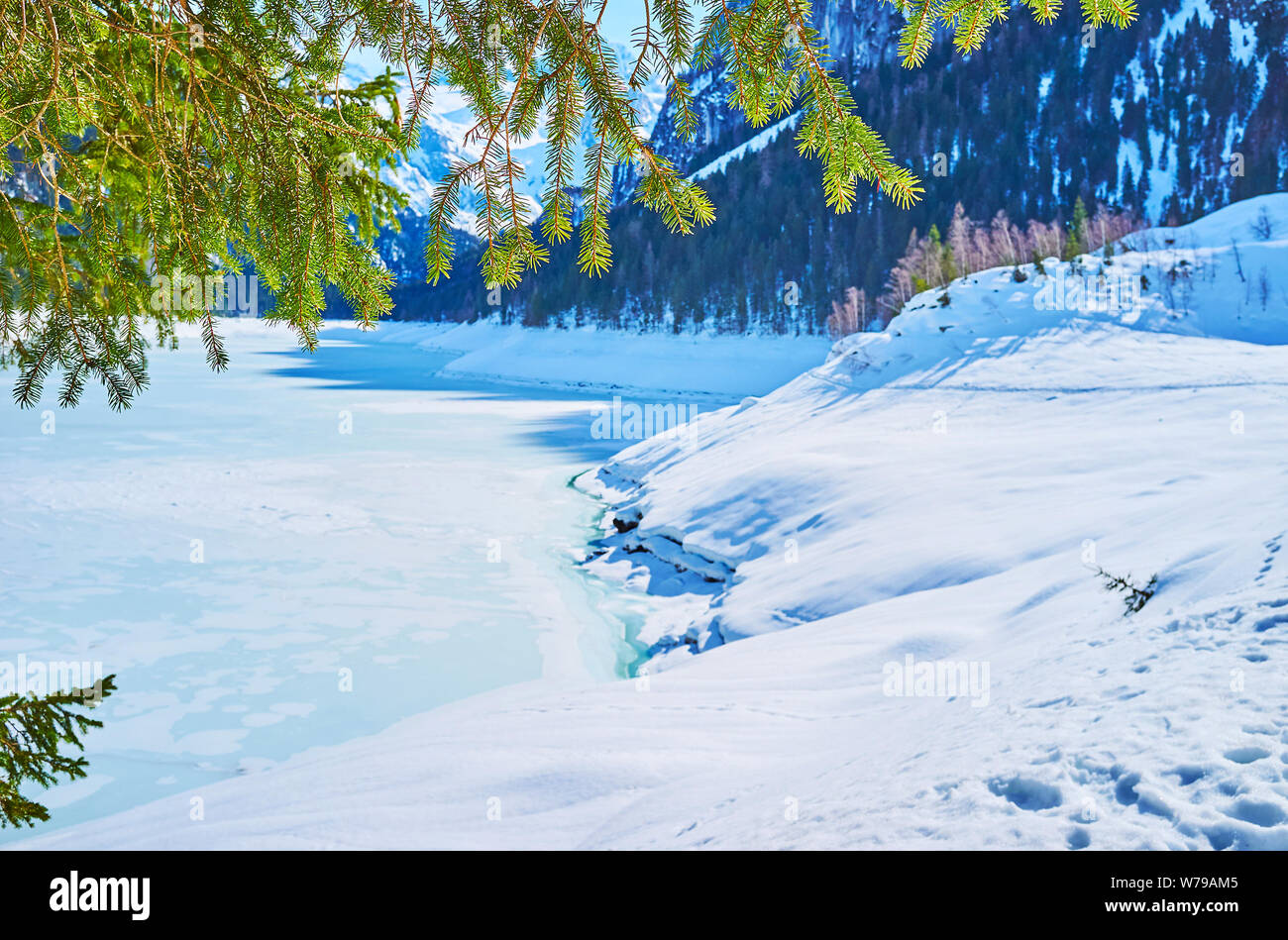 Der malerischen Oberfläche von gefrorenen Gosausee durch das Grün der Fichten zweigen Genießen, Gosau, Österreich Stockfoto