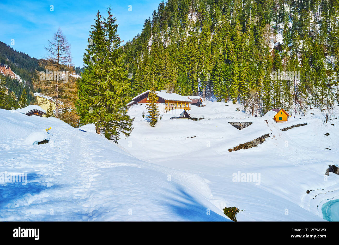 Erstaunlich Winterwanderung durch den tiefen Schneewehen, die das Tal der Gosausee und die umliegenden hohen Fichten und Holzhütten, Gosau, Au Stockfoto