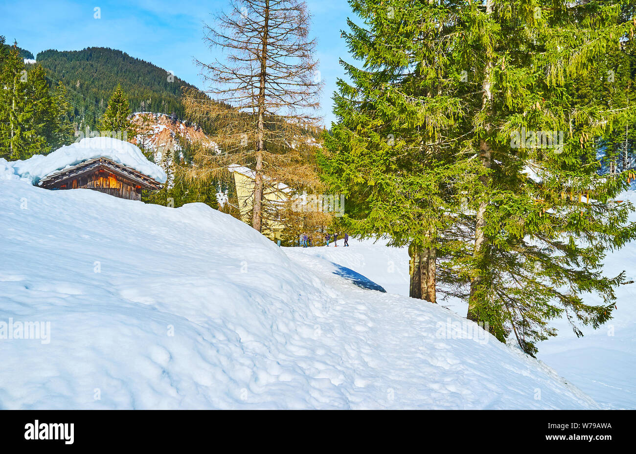 Der tiefe Schnee deckt Highland Valley in Dachstein Alpen, das Dach des alten Holzhaus durch die hohen schneewehen, Gosau, Österreich zu sehen ist Stockfoto