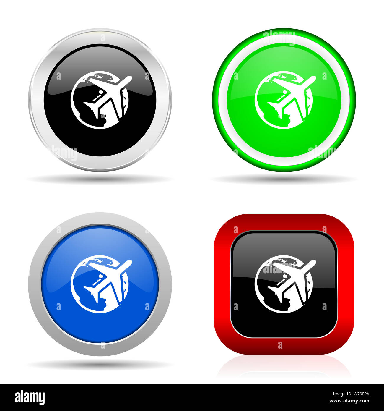 Reisen rot, blau, grün und schwarz-glänzende Symbol in 4 Optionen einstellen Stockfoto