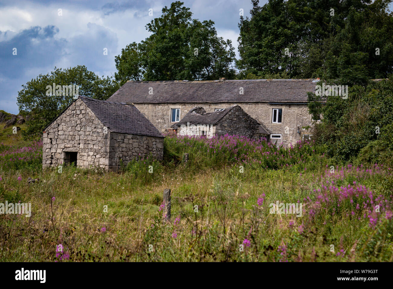 Verlassenen baufälligen Gebäude aus Stein, Hütte/Haus und die Nebengebäude auf der High Peak Trail in der Nähe von harboro Felsen, Brassington, Peak District. Derbyshire. DE Stockfoto