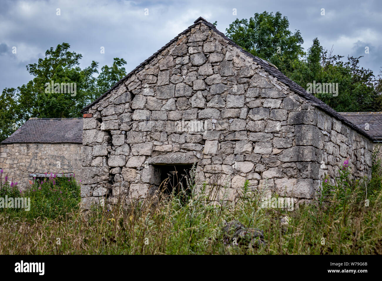 Verlassenen baufälligen Gebäude aus Stein, Hütte/Haus und die Nebengebäude auf der High Peak Trail in der Nähe von harboro Felsen, Brassington, Peak District. Derbyshire. DE Stockfoto