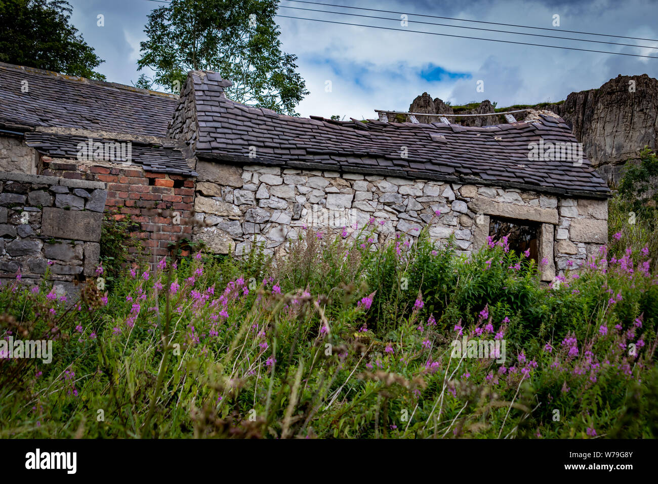 Verlassenen baufälligen Gebäude aus Stein, Hütte/Haus und die Nebengebäude auf der High Peak Trail in der Nähe von harboro Felsen, Brassington, Peak District. Derbyshire. DE Stockfoto