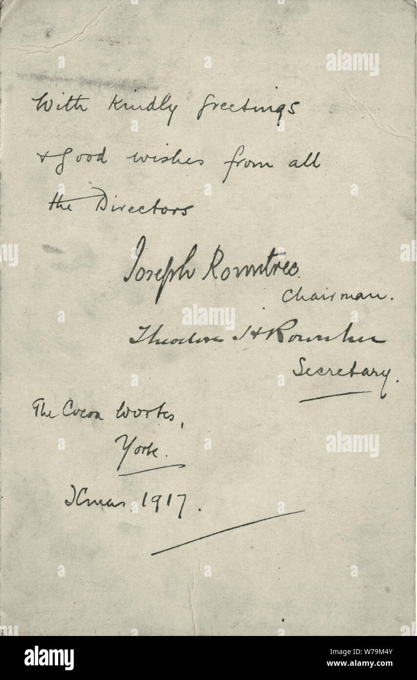 Rowntree's Cocoa Werke York. Foto von Rowntree's Direktoren im Kakao arbeitet in York, Weihnachten 1917. Von Joseph Rowntree und Theodore Hotham Rowntree unterzeichnet. Stockfoto