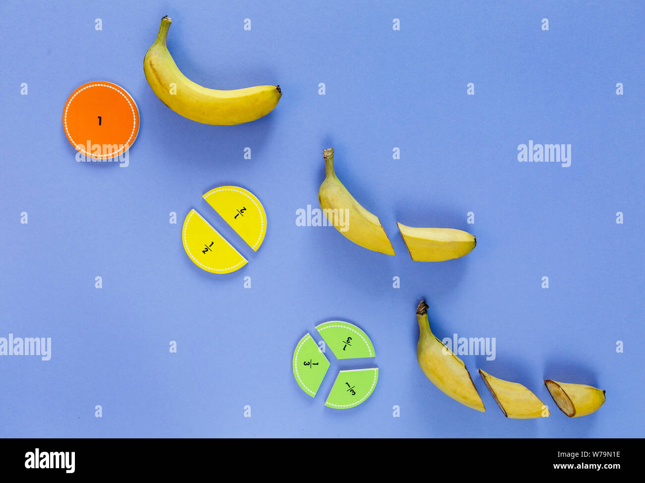 Сolorful mathe Fraktionen und Bananen als Probe auf Violett Holz- Hintergrund oder Tabelle. Interessante Mathe für Kids. Bildung, zurück in die Schule. Stockfoto