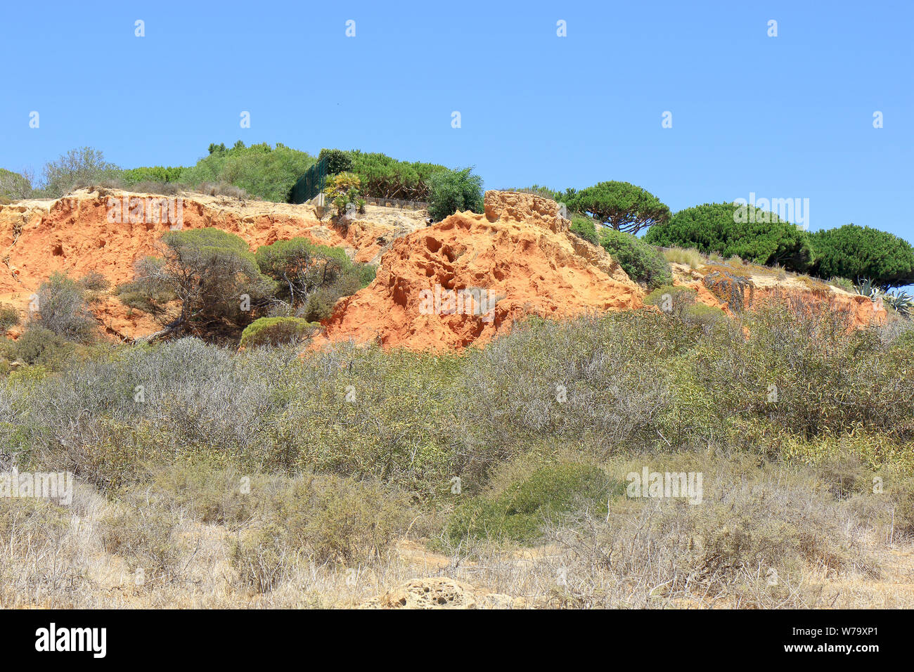 Trockenes Gras und Rote Felsen in der Caminho da Baleeira Naturschutzgebiet Stockfoto