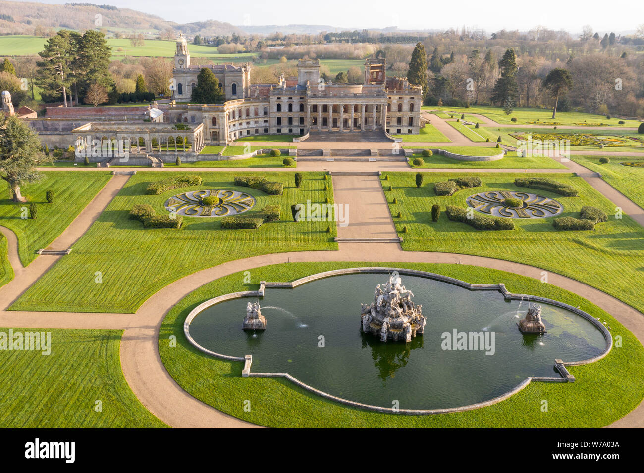 Witley Court, Worcestershire, Großbritannien. Am 28. März 2019. Drone Bilder von Witley Court/Witley Court, in den sanften Hügeln von North Worcestershire eingebettet Stockfoto