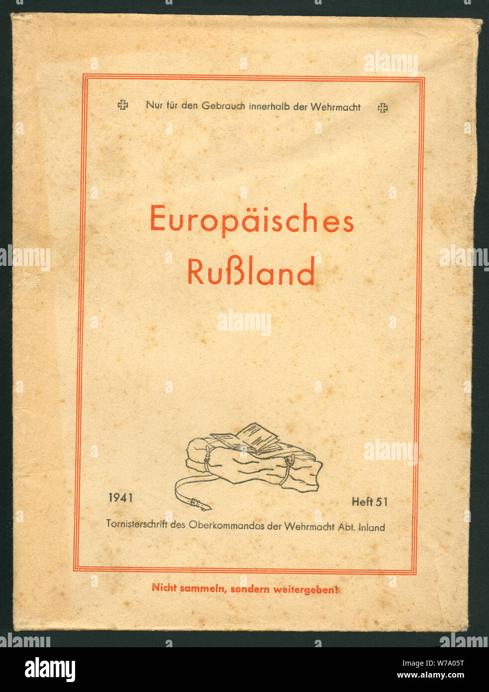 Europa, Deutschland, Russland, 2. Weltkrieg, Landkarte' Europäisches Rußland", Tornisterschrift des Oberkommandos der Wehrmacht Abt. Im Binnenland. Nur für den Gebrauch innerhalb der Wehrmacht. 1941, Heft 51. / Europa, Deutschland, Russland, WW II, Karte 'Europäisches Russland" (Europäische Russland), Dokument des Oberkommandos der Wehrmacht, nur für die Deutsche Wehrmacht, 1941, Ausgabe 51. Stockfoto