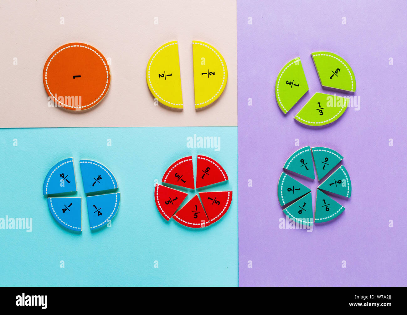 Bunte Mathematik Bruchrechnung und Holz- Abacus auf dem Rosa Blau Violett hellen Hintergründen. Interessante Mathe für Kids. Bildung, zurück in die Schule. Stockfoto