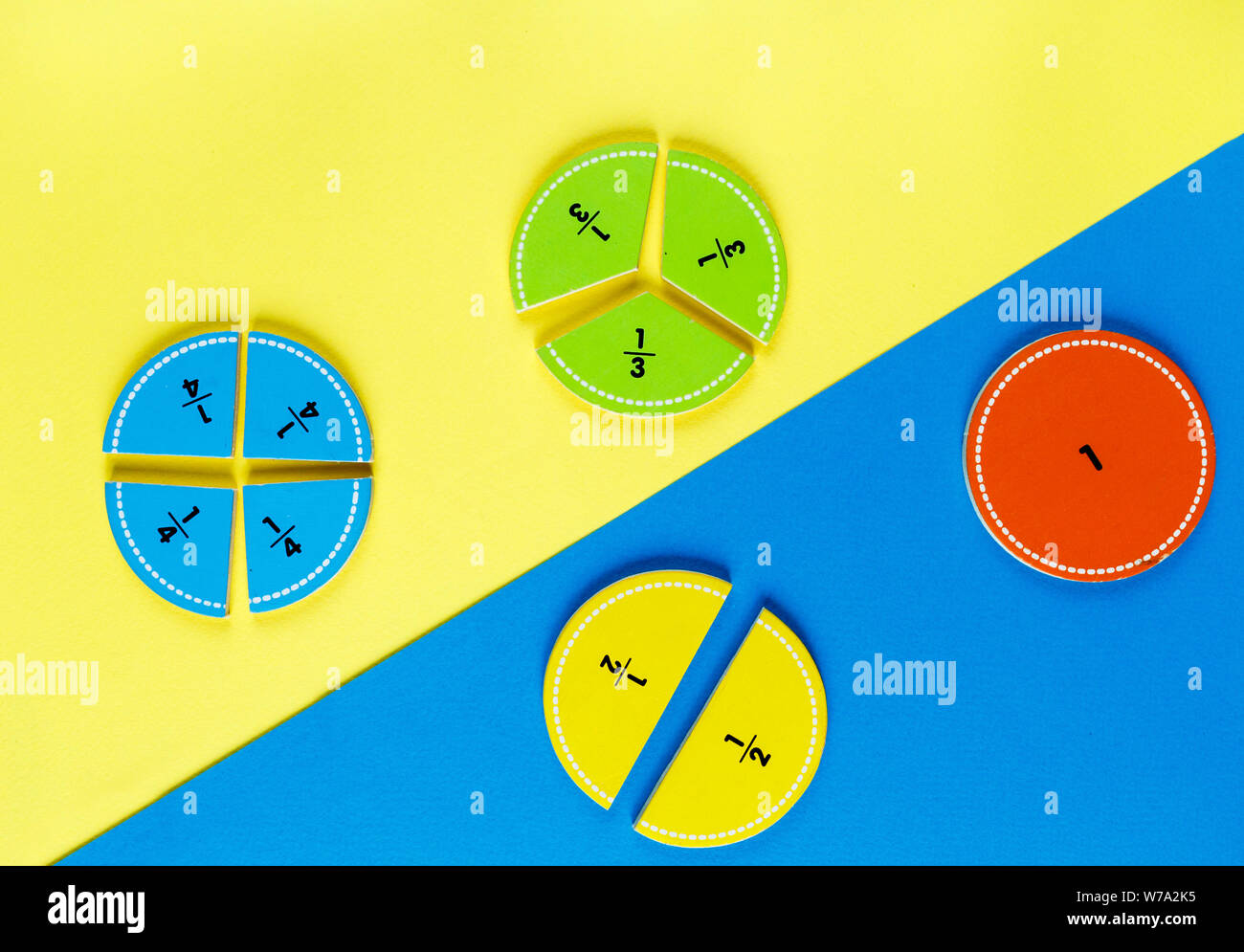 Bunte mathematische Fraktionen auf der Gelb und Blau mit hellen Hintergründen. interessante Mathe für Kids. Bildung, zurück in die Schule. Geometrie und Mathematik Stockfoto