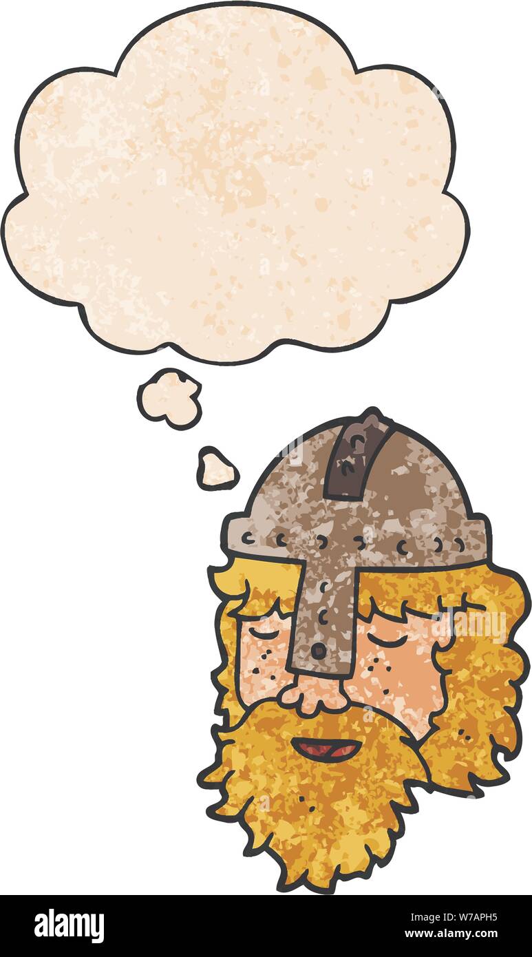 Cartoon viking Gesicht mit dachte Blase im grunge Textur Stil Stock Vektor