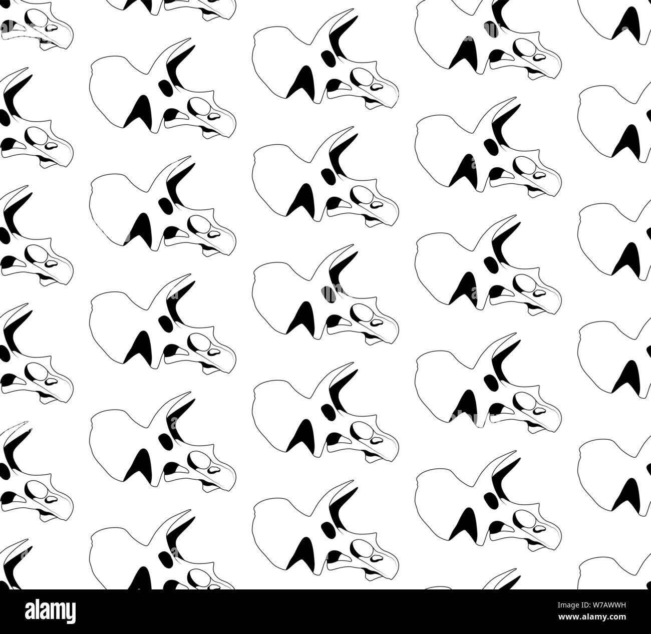 Vektor nahtlose Muster der schwarzen Grafische triceratops Schädel auf weißem Hintergrund Stock Vektor