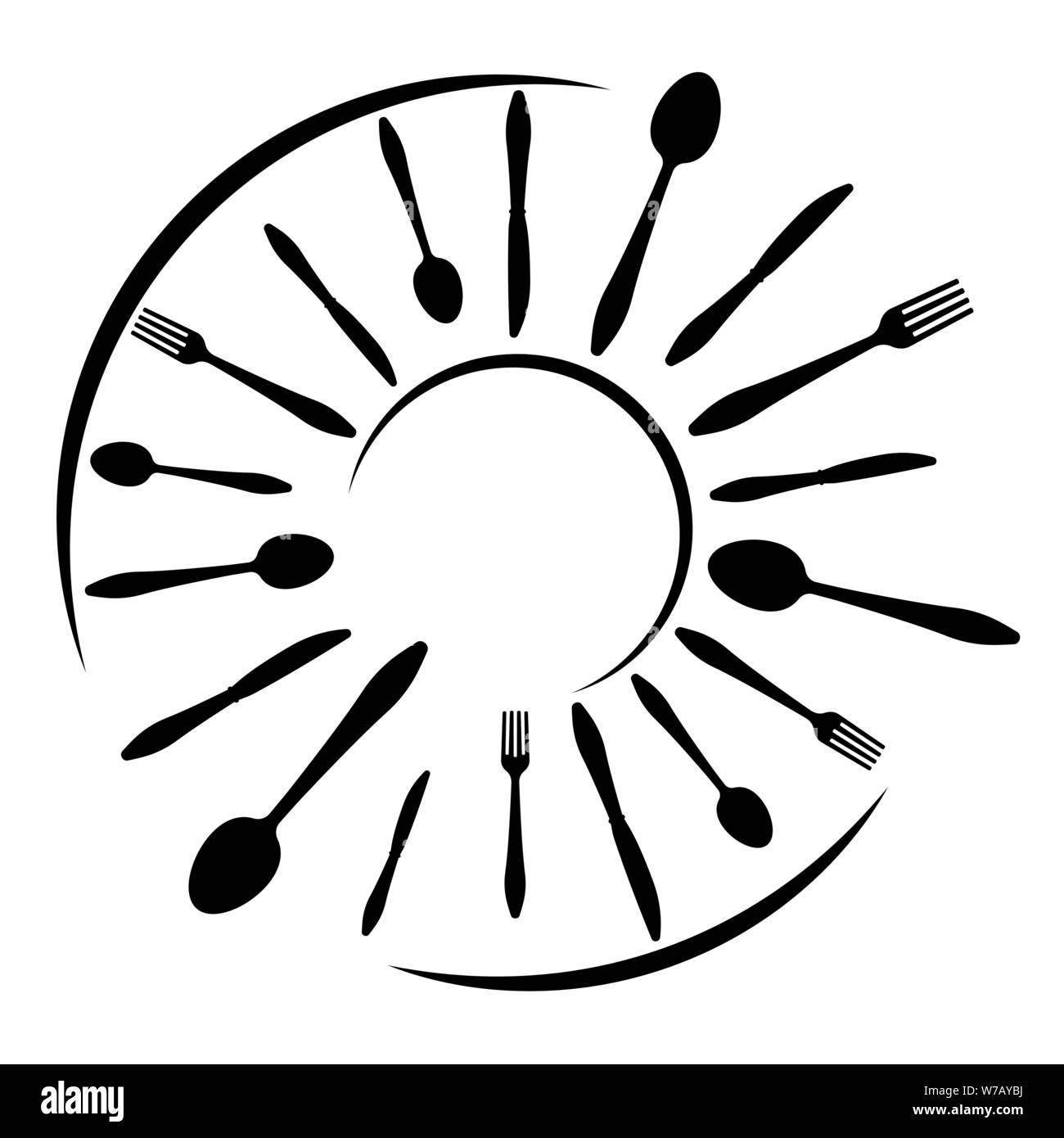 Logo von einem Café oder Restaurant aus Gabel, Löffel und Messer. Runde Form mit Platz für Text. Stock Vektor