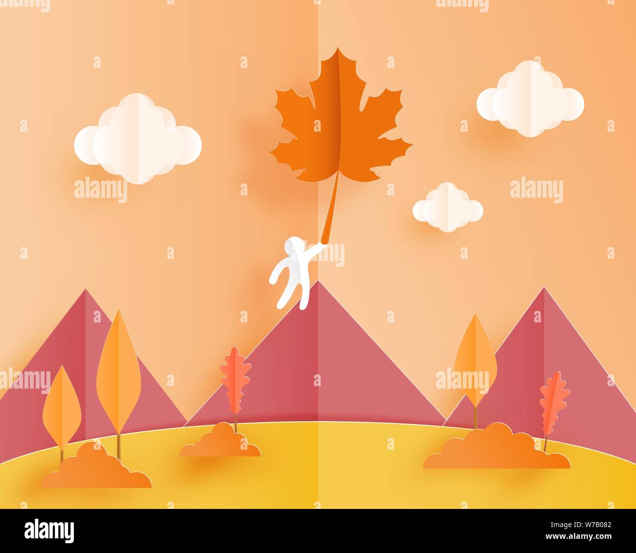 Landschaft Herbst Hintergrund mit einem menschlichen Papier hängen auf fliegende Blätter in den Himmel. Vector Illustration. Poster, Banner, Wallpaper, Broschüre, Buch c Stock Vektor
