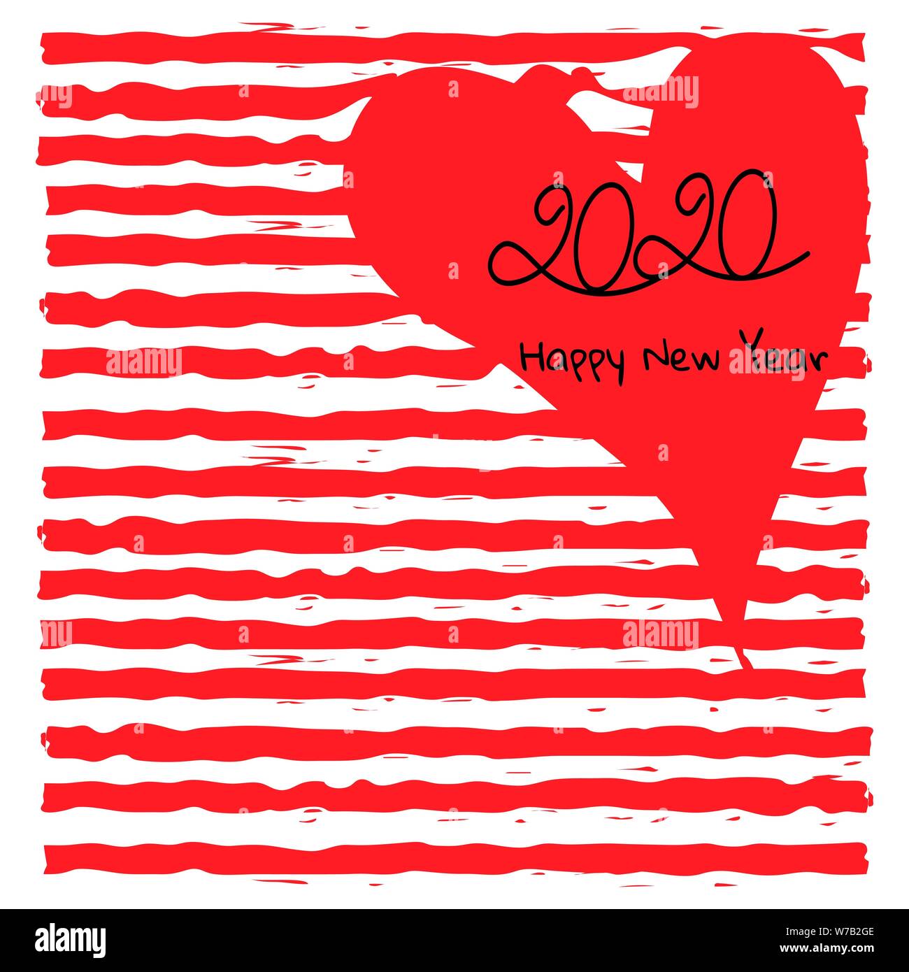 Vector Illustration. Grußkarte für das neue Jahr 2020. Streifen und Herz mit Text Happy 2020 Stock Vektor