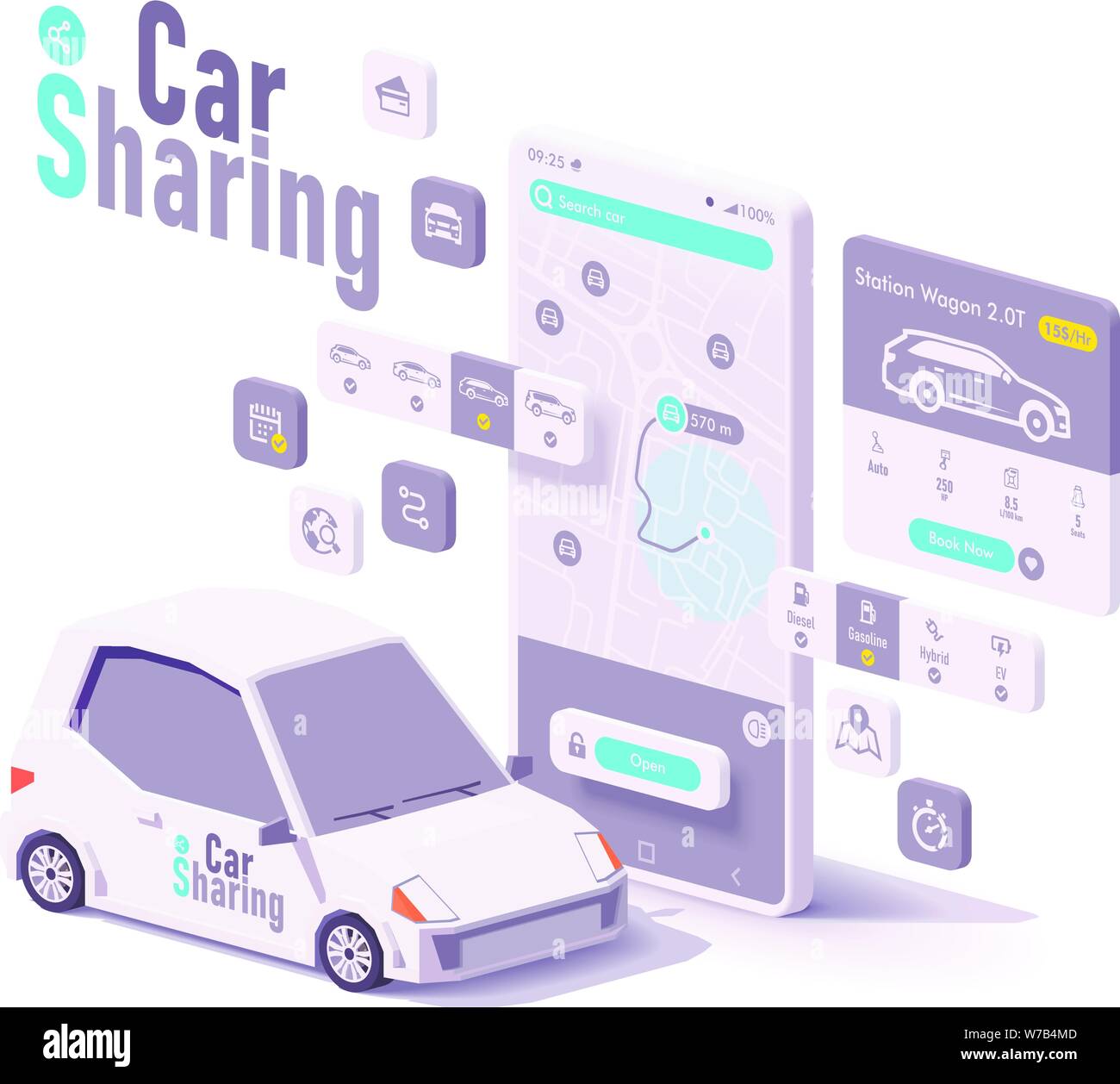 Vektor Carsharing und Autovermietung app Konzept Stock Vektor