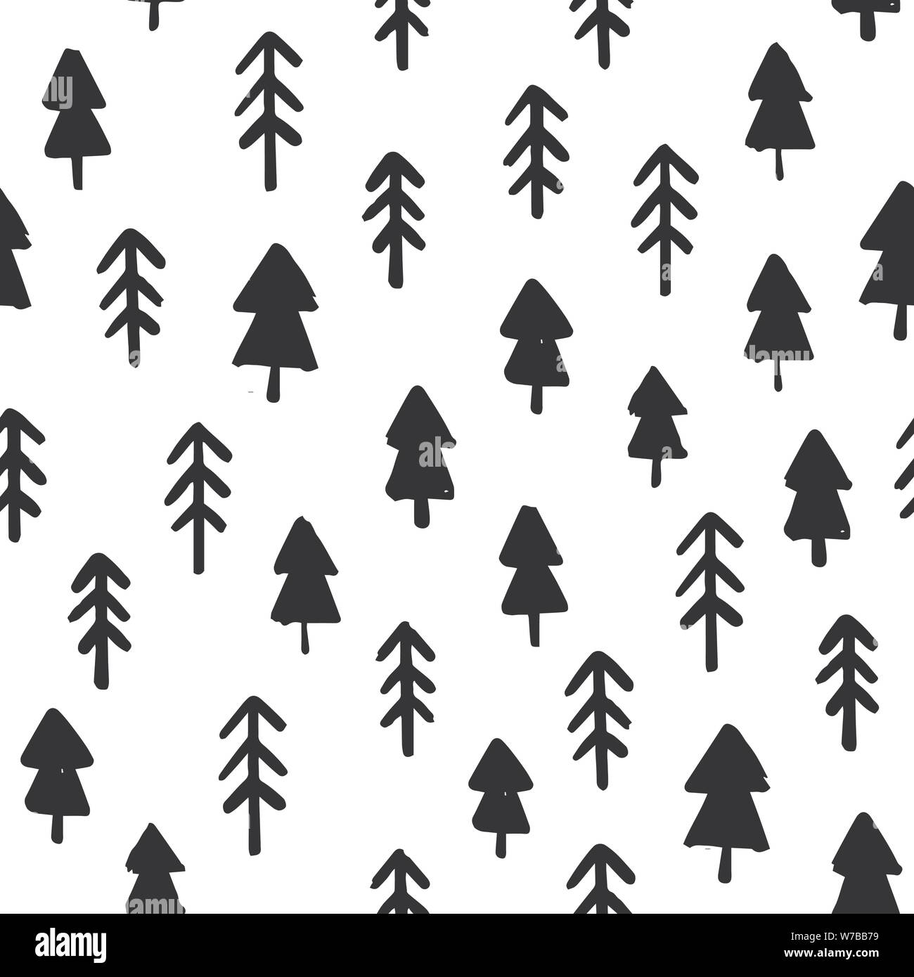 Hand zeichnen Weihnachtsbaum nahtlose Muster Farben Schwarz und Weiß. Monochromen Vector schlichten skandinavischen Hintergrund. Tinte Doodle Textur für das Neue Jahr 20. Stock Vektor
