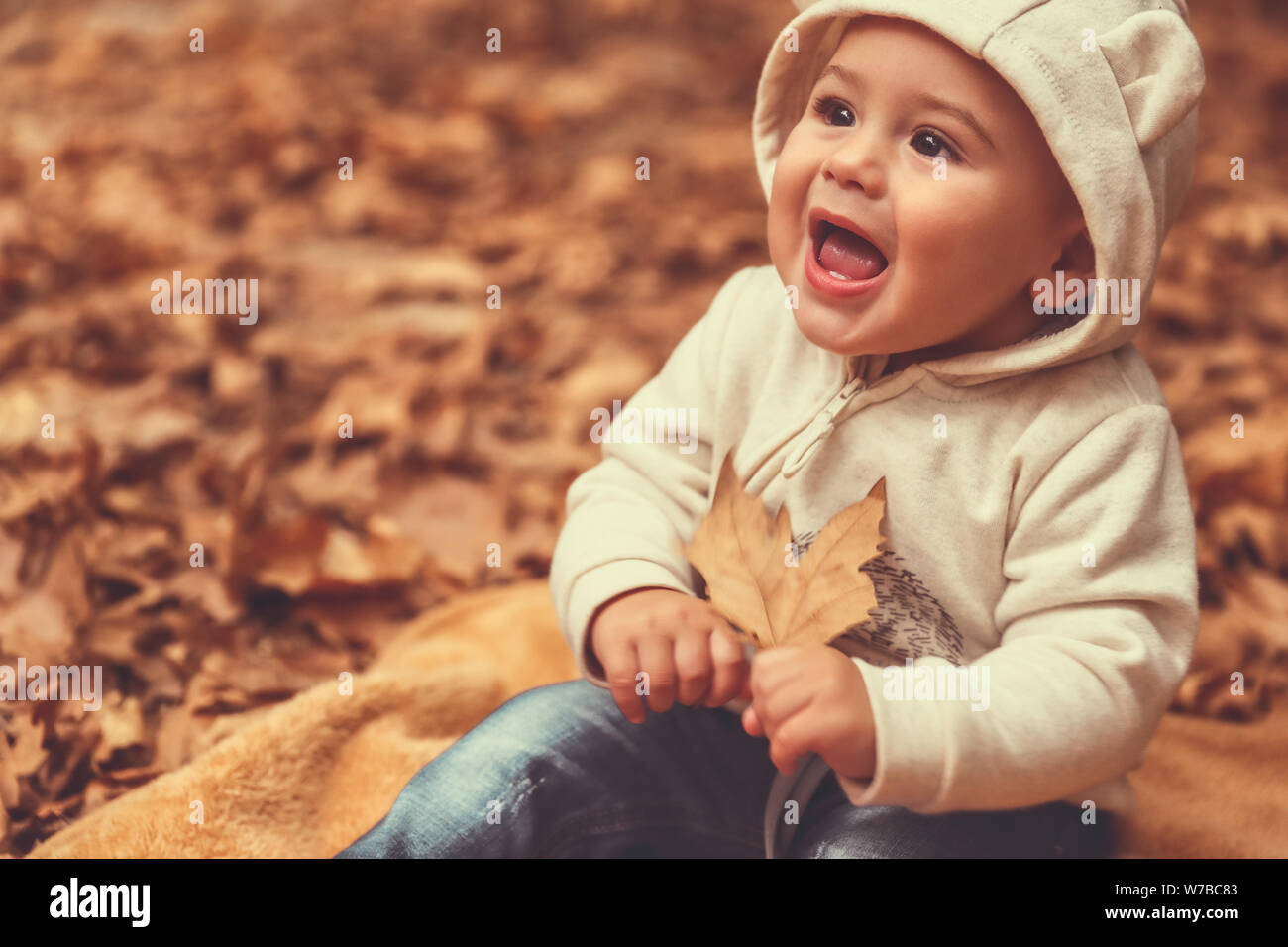 Portrait Of Happy aufgeregten kleinen Jungen Spaß im Park, fröhliches Kind sitzen auf die Decke auf dem Boden mit trockenen Baum Blättern bedeckt Stockfoto