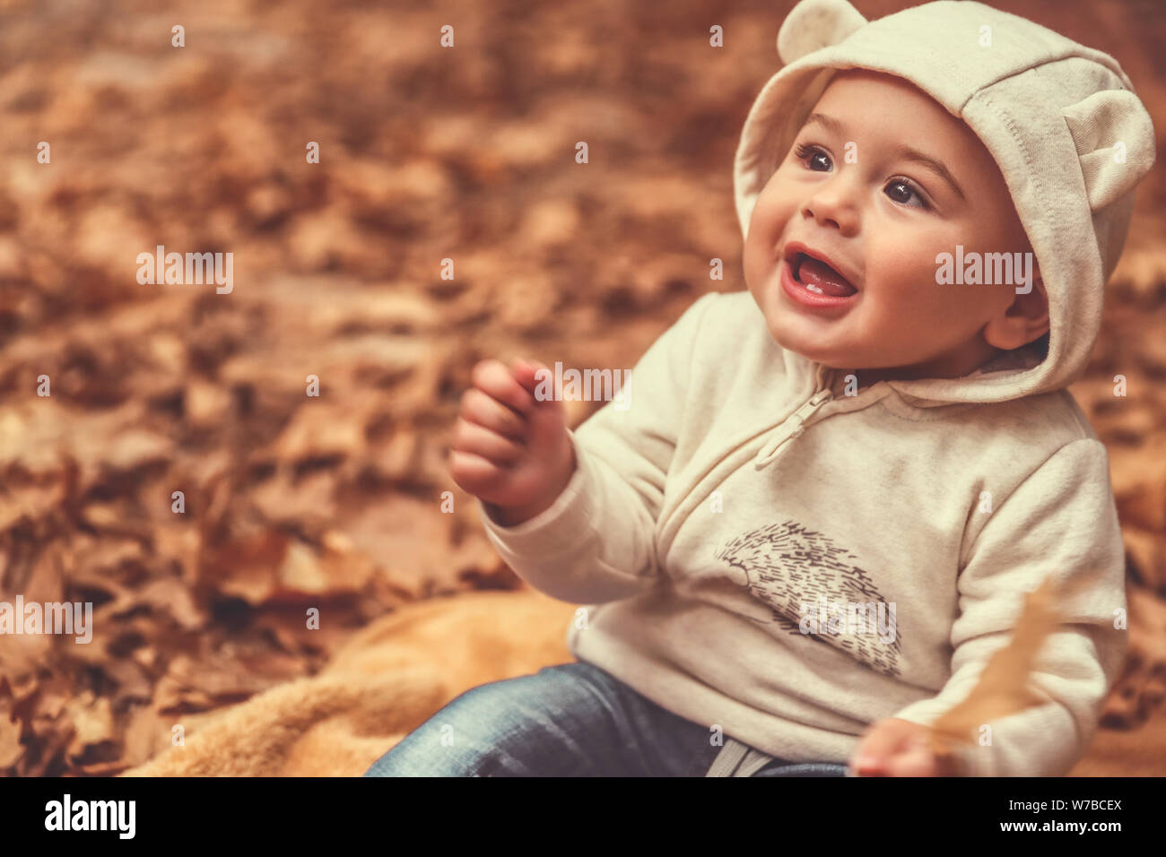 Porträt einer niedlichen Kind verbringen Zeit in den Wald, mit Vergnügen auf die Decke auf dem Boden mit trockenen Baum Blättern bedeckt Stockfoto