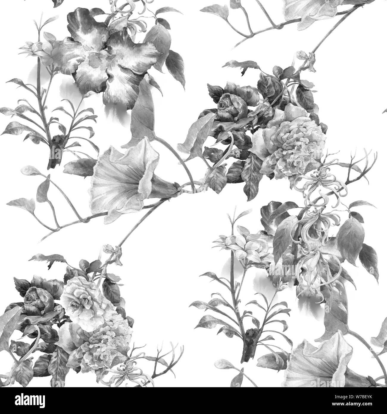 Aquarell von Blatt und Blumen, nahtlose Muster auf weißem Hintergrund Stockfoto