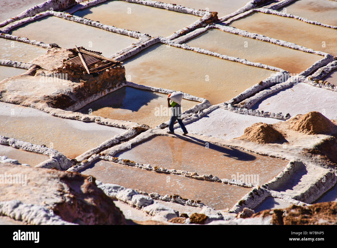 Arbeiter an der Salinen von Maras, das Heilige Tal, Peru Stockfoto