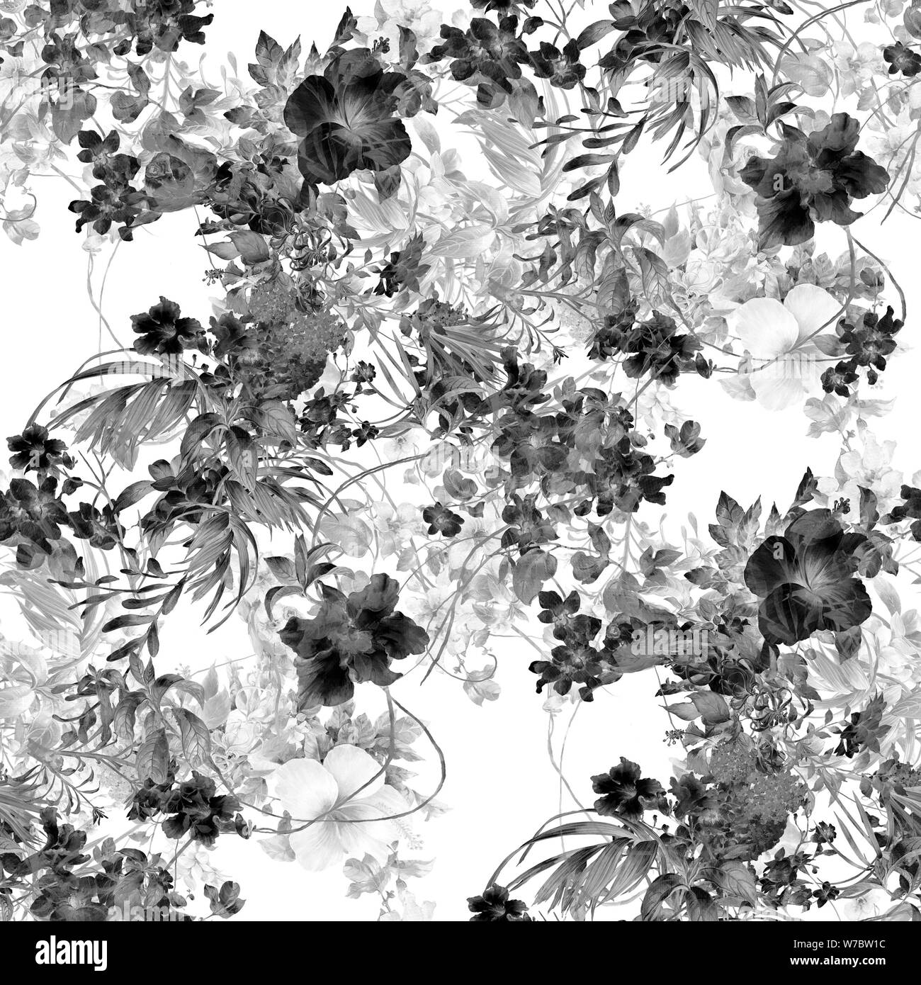 Aquarell von Blatt und Blumen, nahtlose Muster auf weißem Hintergrund Stockfoto