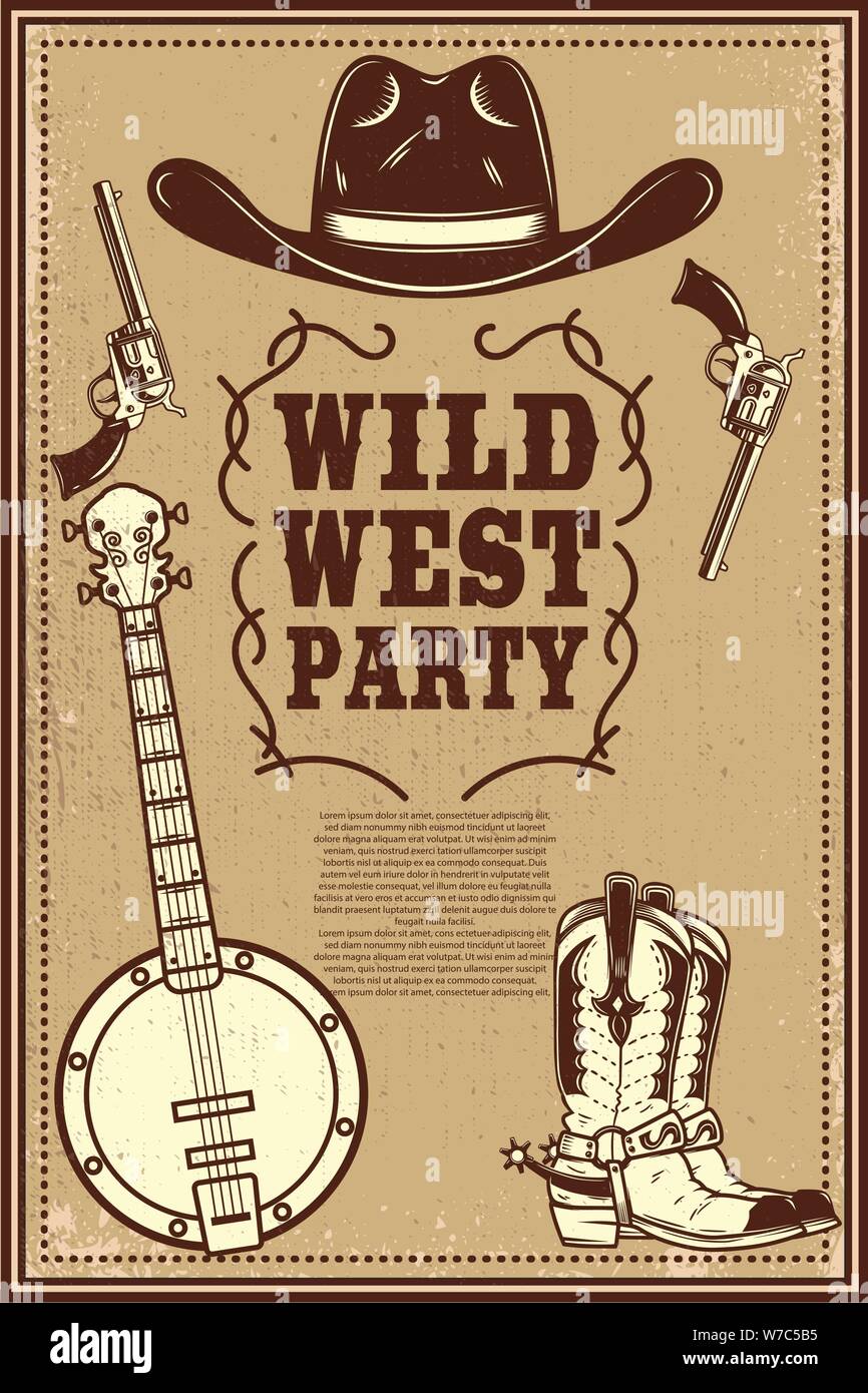 Wild West party Poster Vorlage. Cowboy Stiefel, Hut, Banjo, Revolver. Design Element für Flyer, Poster, Karte, Banner. Vector Illustration Stock Vektor