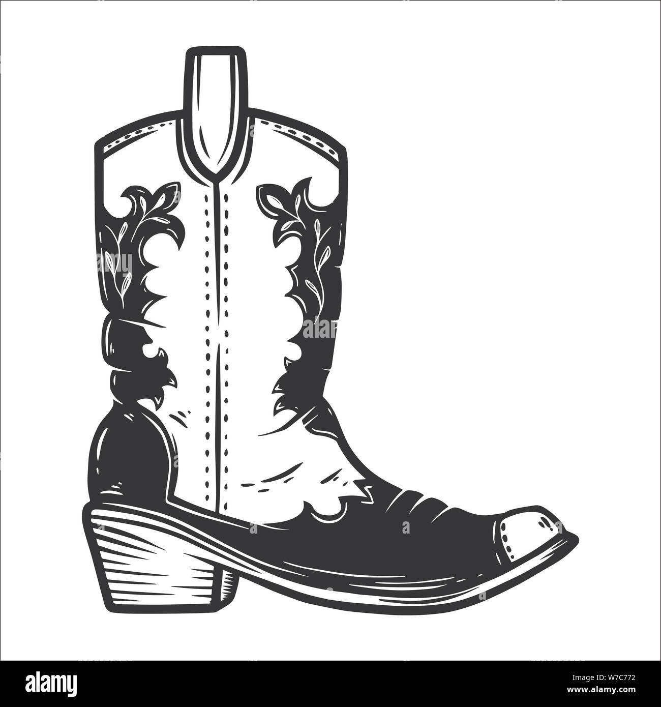 Hand gezeichnet Abbildung: Cowboy boot auf weißem Hintergrund. Design Element für Poster, Karten, Banner, t-shirt, Emblem, sign. Vektor illustrati Stock Vektor