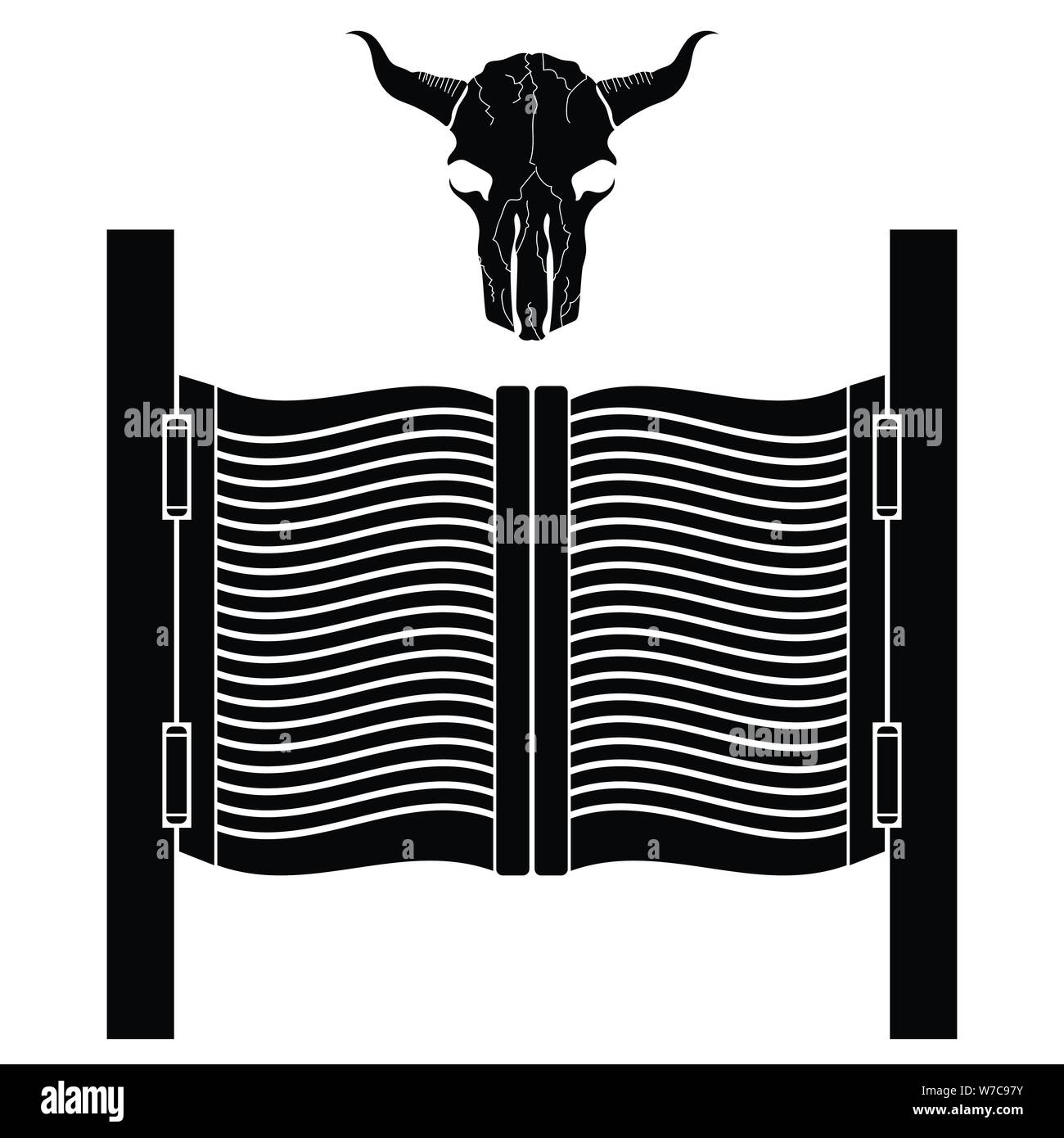 Limousine Tür und Stier Schädel Silhouette. Wild West Taverne. Alte westliche Schwingen Element. Bar oder Pub vor dem Eingang. Stock Vektor