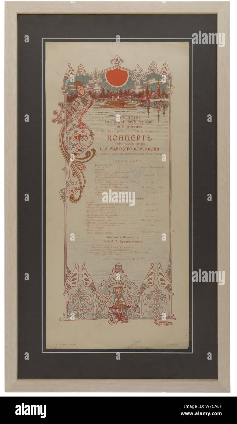 Nikolai Rimski-Korsakow das Konzertprogramm des 35. Arbeit Jubiläum 1901 feiern. Künstler: Anonym Stockfoto