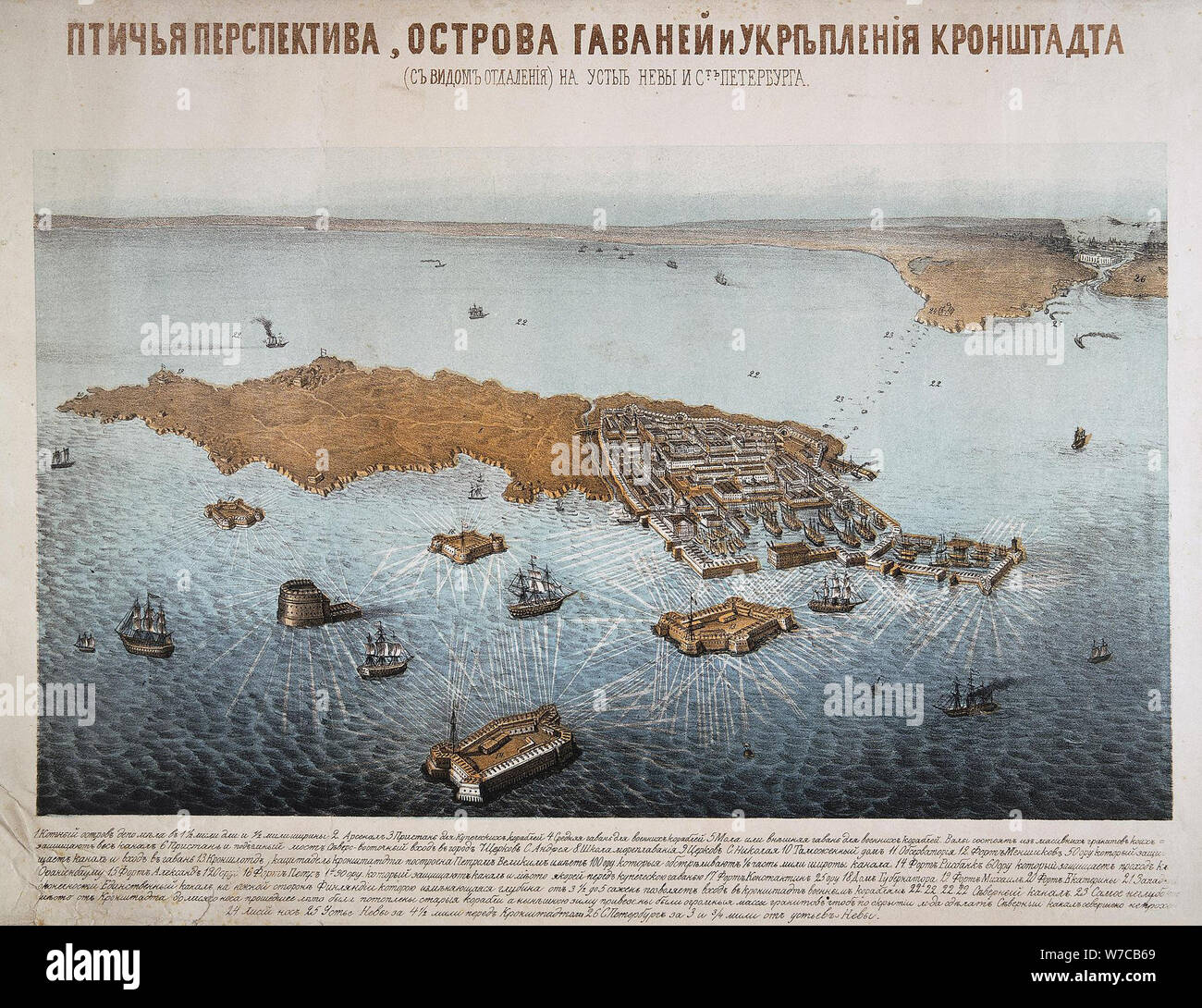 Der Blick aus der Vogelperspektive auf die Insel, den Hafen und die Befestigungsanlagen von Kronstadt, Mitte des 19. Cen.. Stockfoto