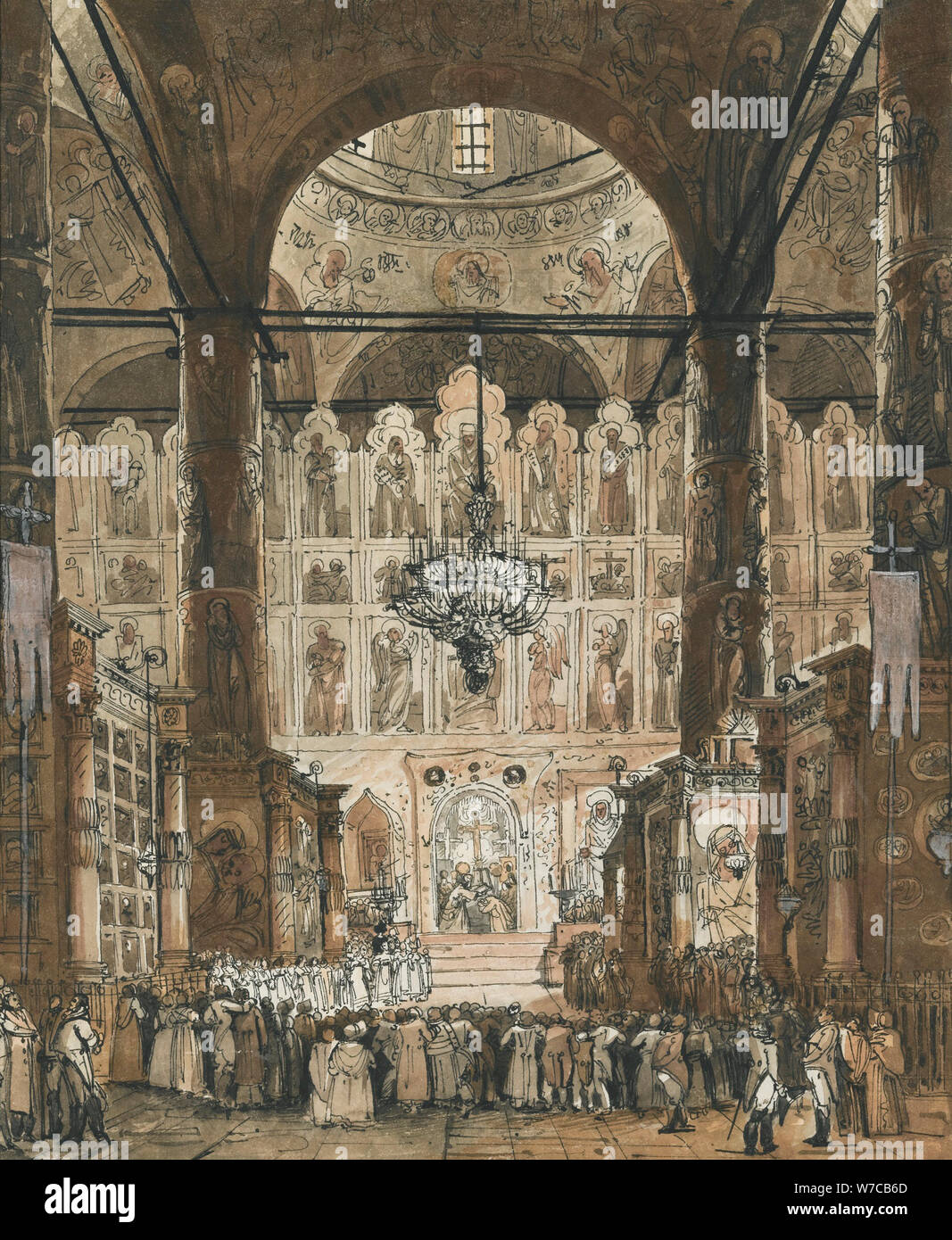 Messe in der Kathedrale von 1352 im Moskauer Kreml, Mitte des 19. Cen.. Stockfoto