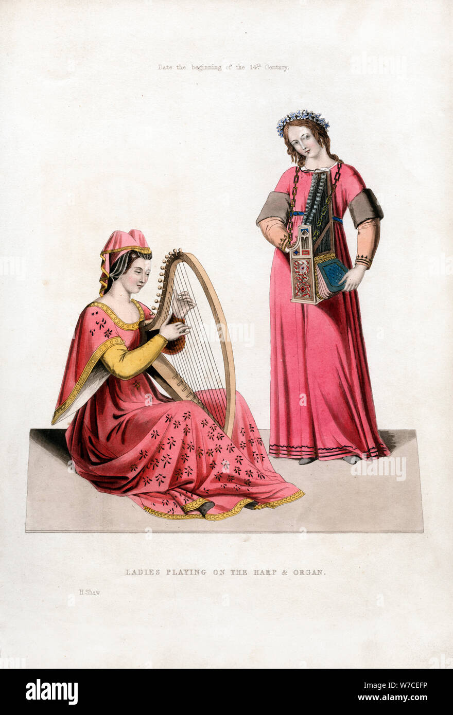 "Meine sehr verehrten Damen Spielen auf der Harfe und Orgel", Anfang des 14. Jahrhunderts, (1843). Artist: Henry Shaw Stockfoto