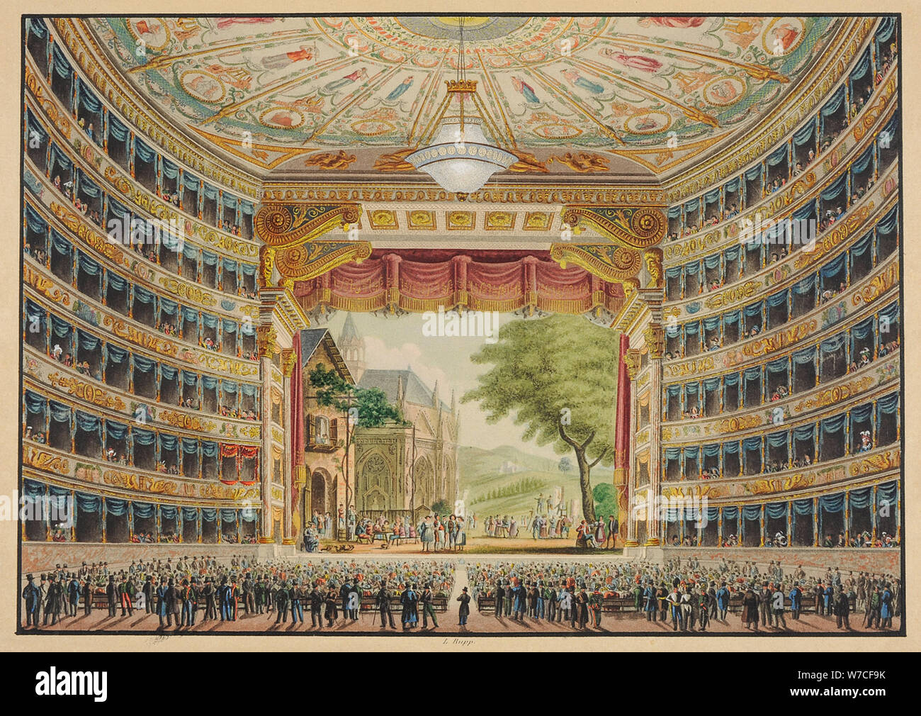 Das Opernhaus La Scala in Mailand, festlichen Innenraum, 1830. Stockfoto