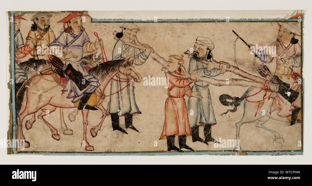 Mongolische Reiter mit Gefangenen. Miniatur aus Jami' al-Tawarikh (Universal Geschichte), erste Hälfte des 14. Stockfoto