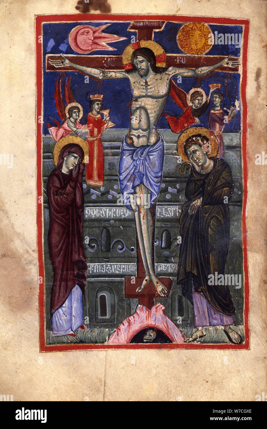 Die Kreuzigung (Manuskriptillumination aus dem Matenadaran Evangelium), 14. und 15. Jahrhunderts. Stockfoto