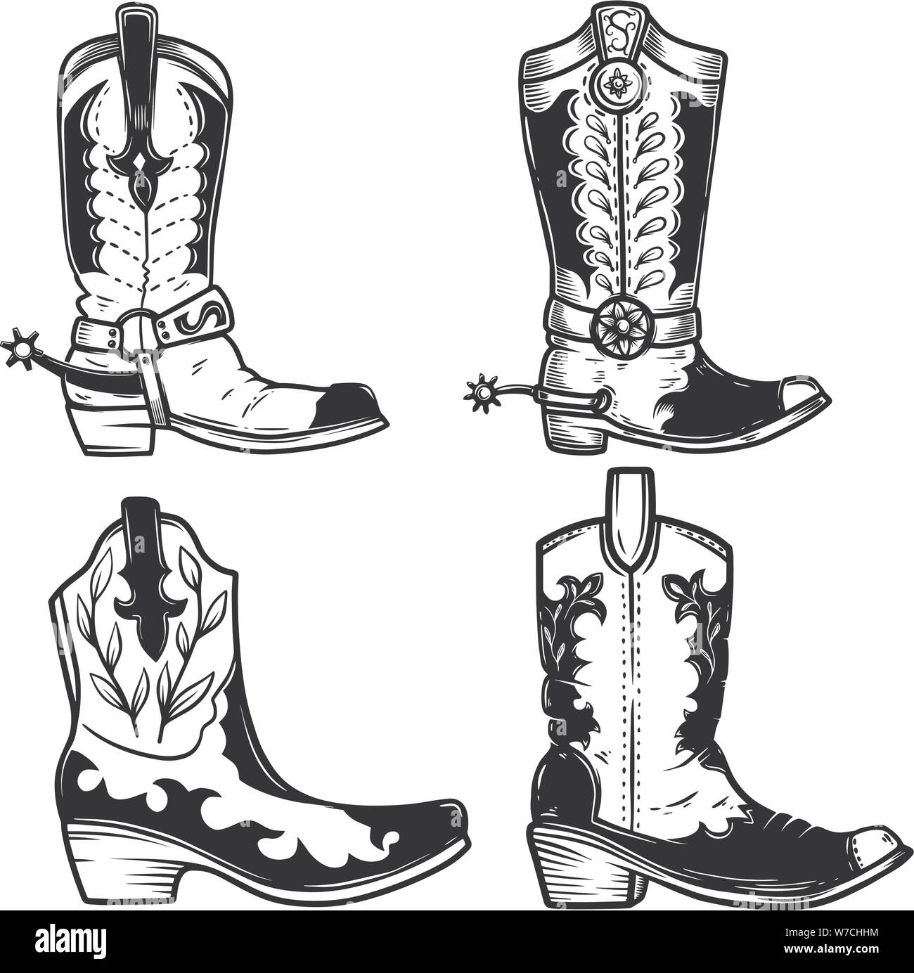 Festlegen der Darstellung von Cowboy Stiefel in Tattoo Stil. Designelemente für Logo, Etiketten, Zeichen, Poster, T-Shirt. Vector Illustration Stock Vektor