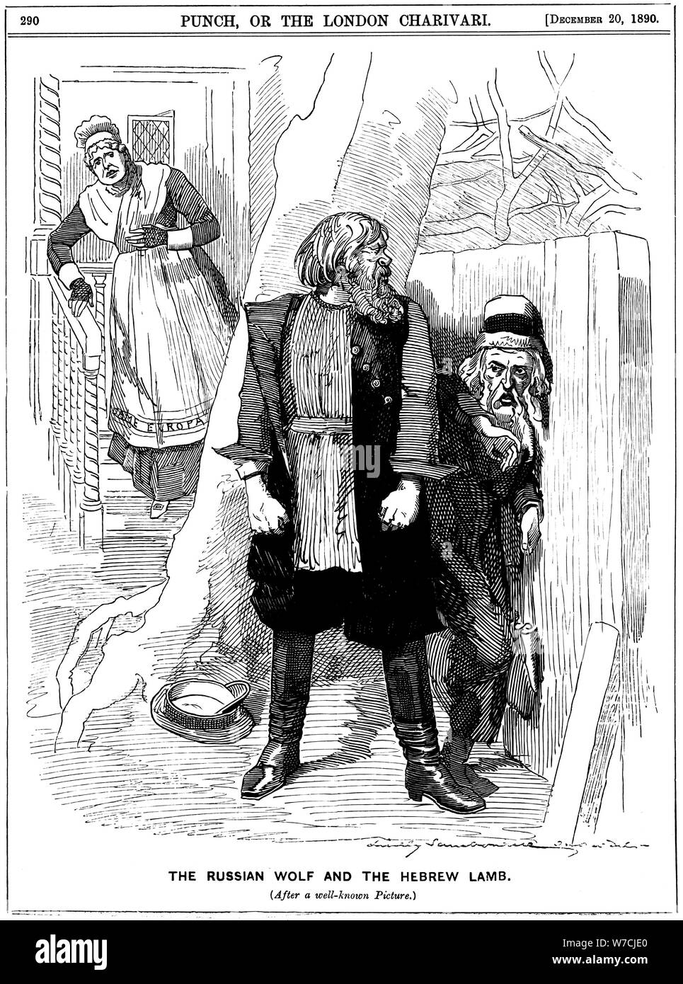 "Die russischen Wolf und der Hebräischen Lamm", Karikatur aus dem Punch, 1890. Artist: Unbekannt Stockfoto