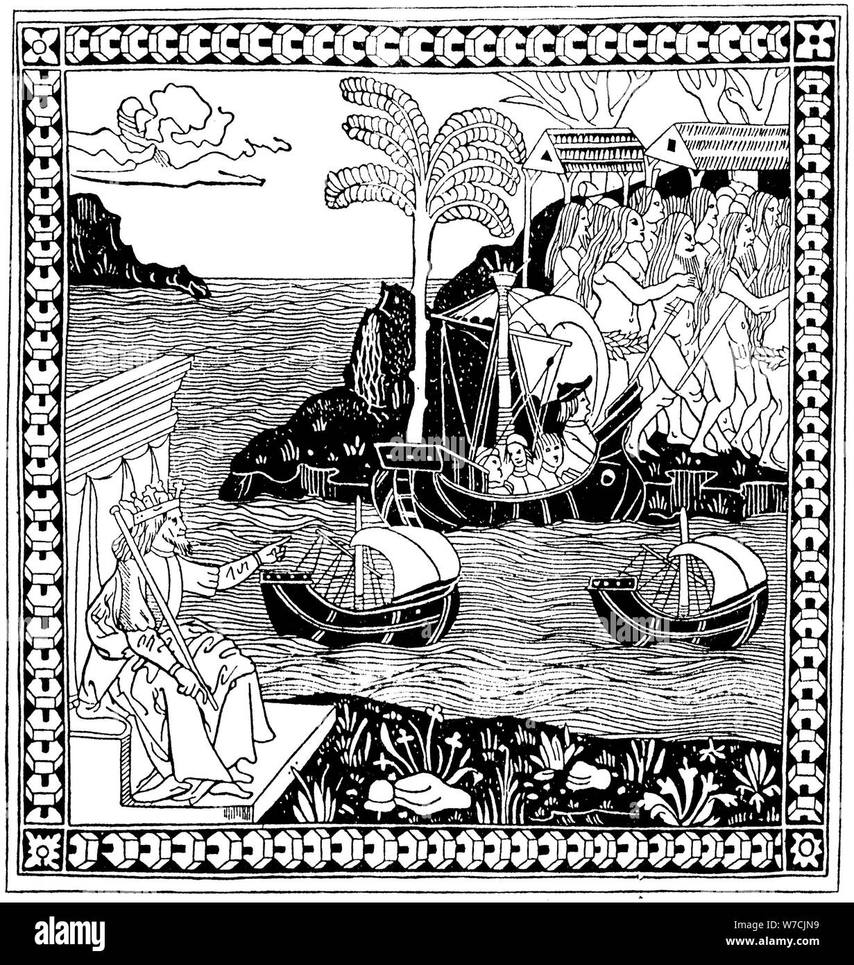 Christopher Columbus orschungskommissars ruft "Amerika", Holzschnitt, 1493. Artist: Unbekannt Stockfoto