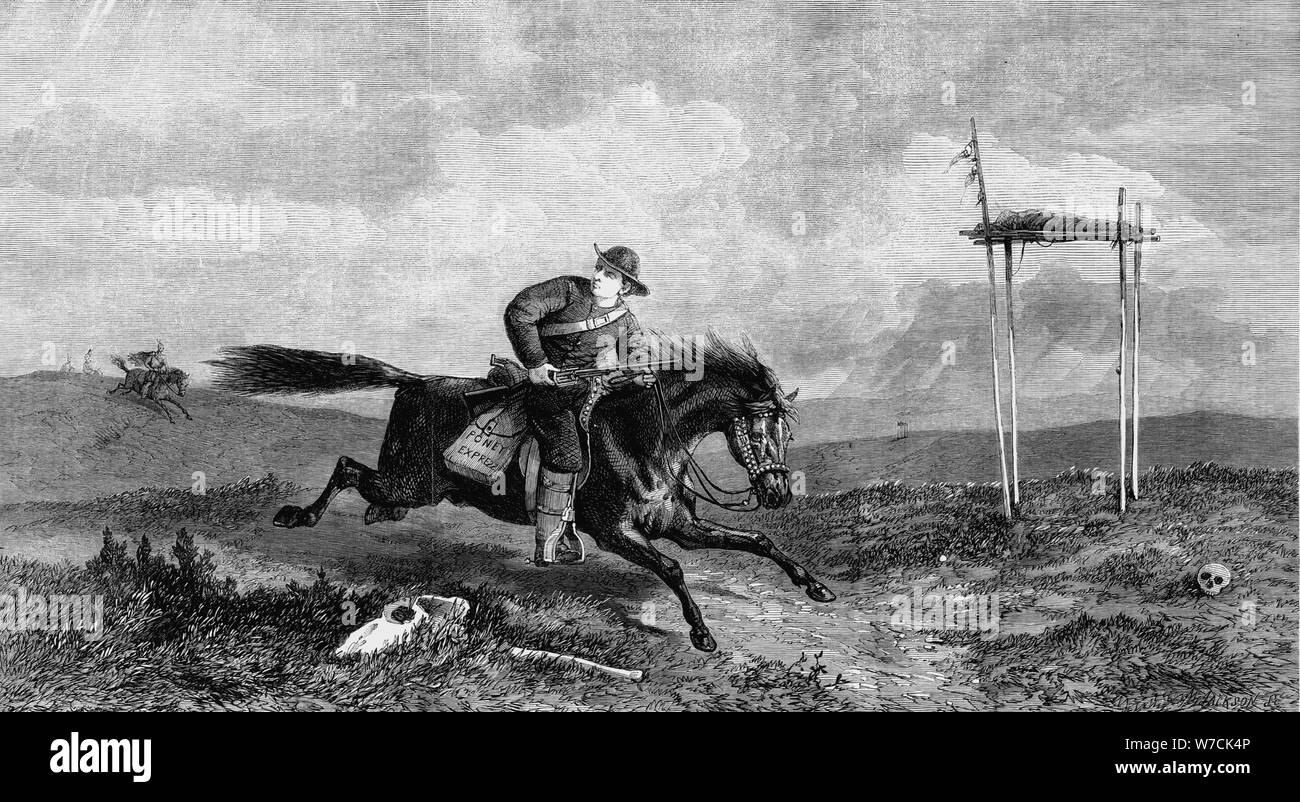 Pony Express Reiter Kreuzung feindlichen Land von Native Americans, 1861 verfolgt. Artist: Unbekannt Stockfoto