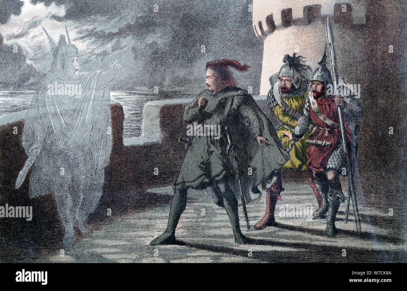 Hamlet sehen Geist seines Vaters auf den Zinnen von Helsingor Schloss. Artist: Robert Dudley Stockfoto