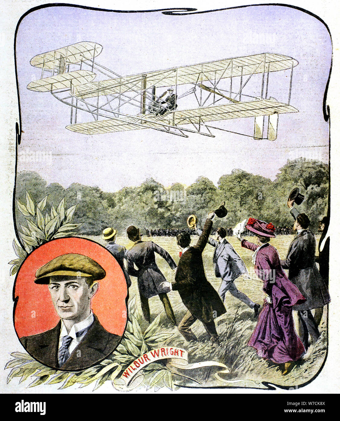 Wilbur Wright der erste Flug in Europa an der Hanaudieres Rennstrecke in der Nähe von Le Mans, Frankreich, 1908. Artist: Unbekannt Stockfoto