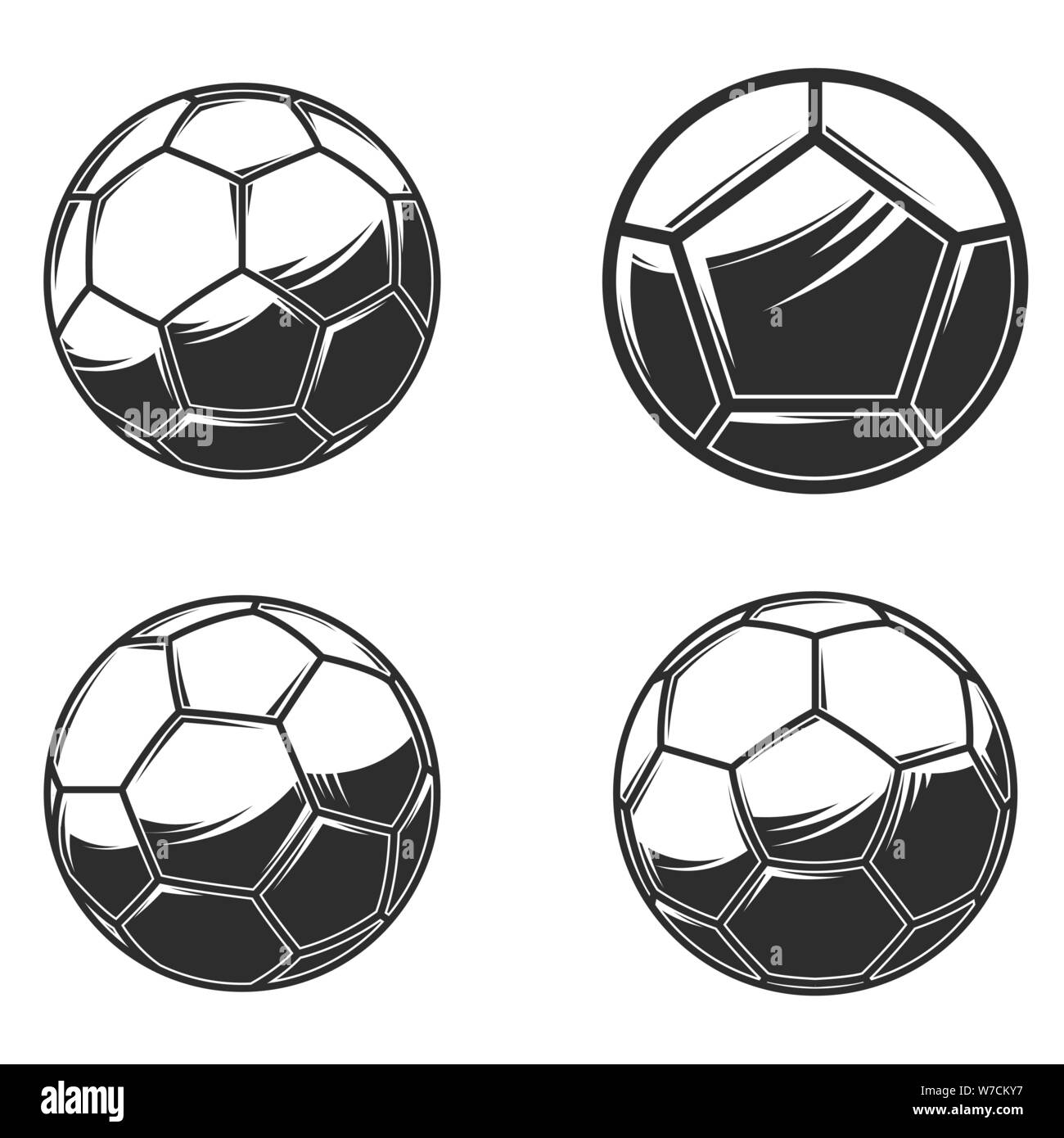 Fußball Fußball Bälle auf weißem Hintergrund. Design Element für Logo, Etiketten, Zeichen, Poster, Plakat, Karte, Banner. Vector Illustration Stock Vektor
