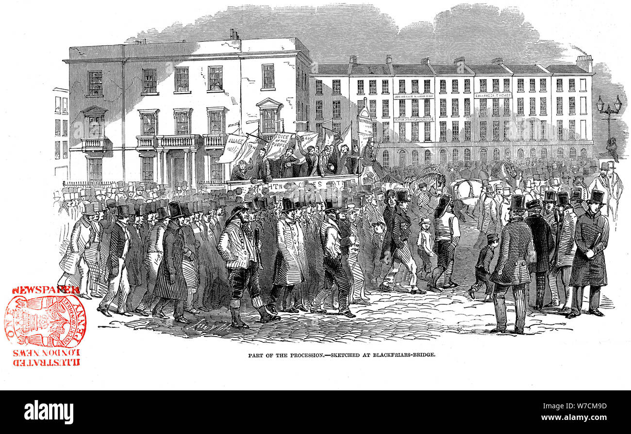 Chartisten Prozession von der Versammlung in Richtung Blackfriars Bridge, London, 10. April 1848. Artist: Unbekannt Stockfoto