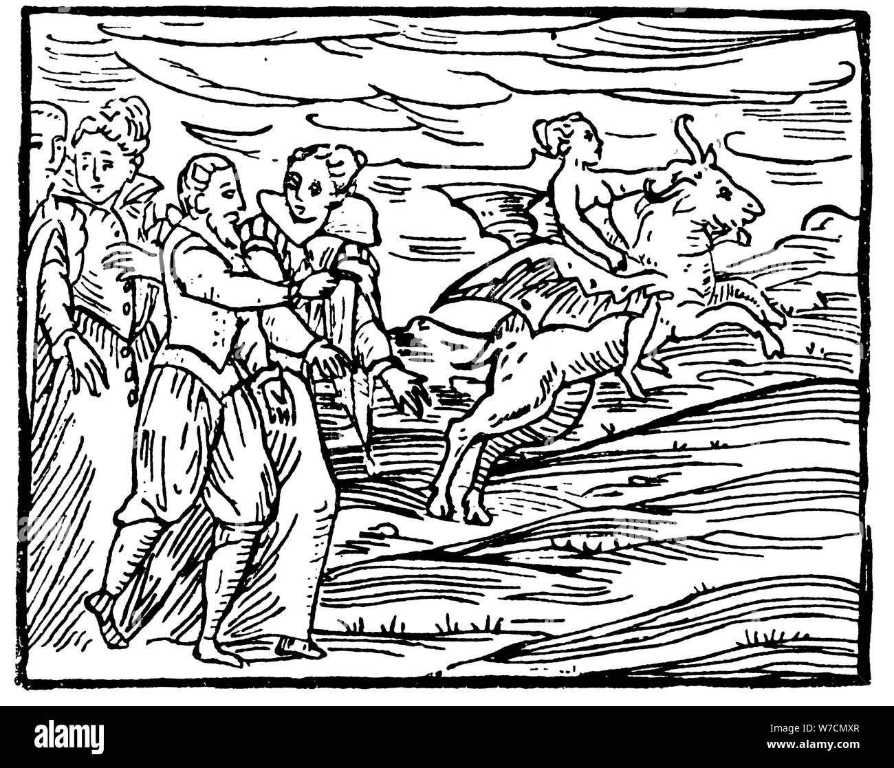Der Teufel, der in der Form eines fliegenden Ziege, Durchführung einer Hexe auf den Sabbat, 1608. Artist: Unbekannt Stockfoto
