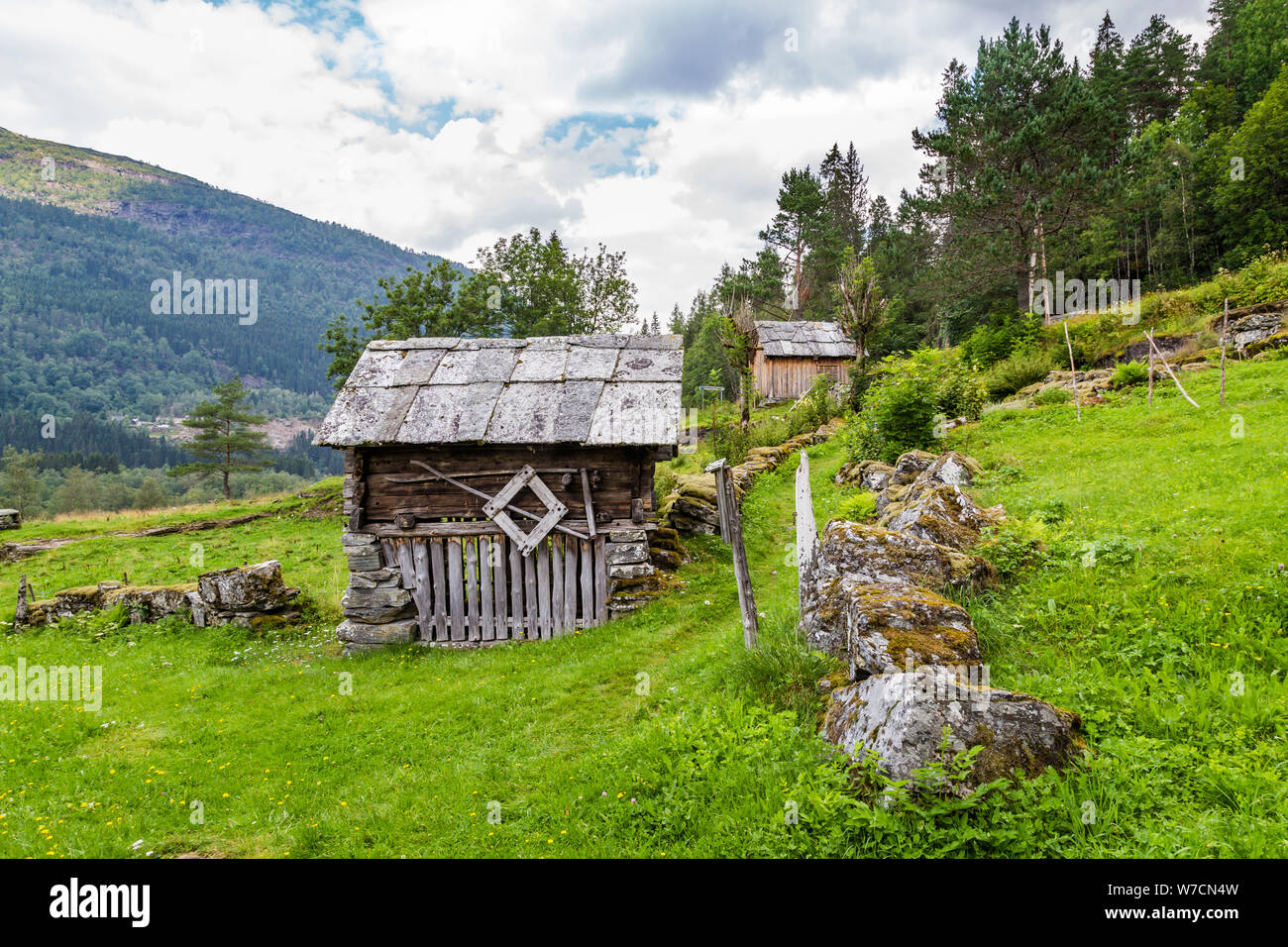 Nesheimtunet Nesheim Gehöft in der Nähe von Voss mit alten hölzernen landwirtschaftlichen Gebäuden in Norwegen genannt. Teil von Voss Folke Museum. Stockfoto