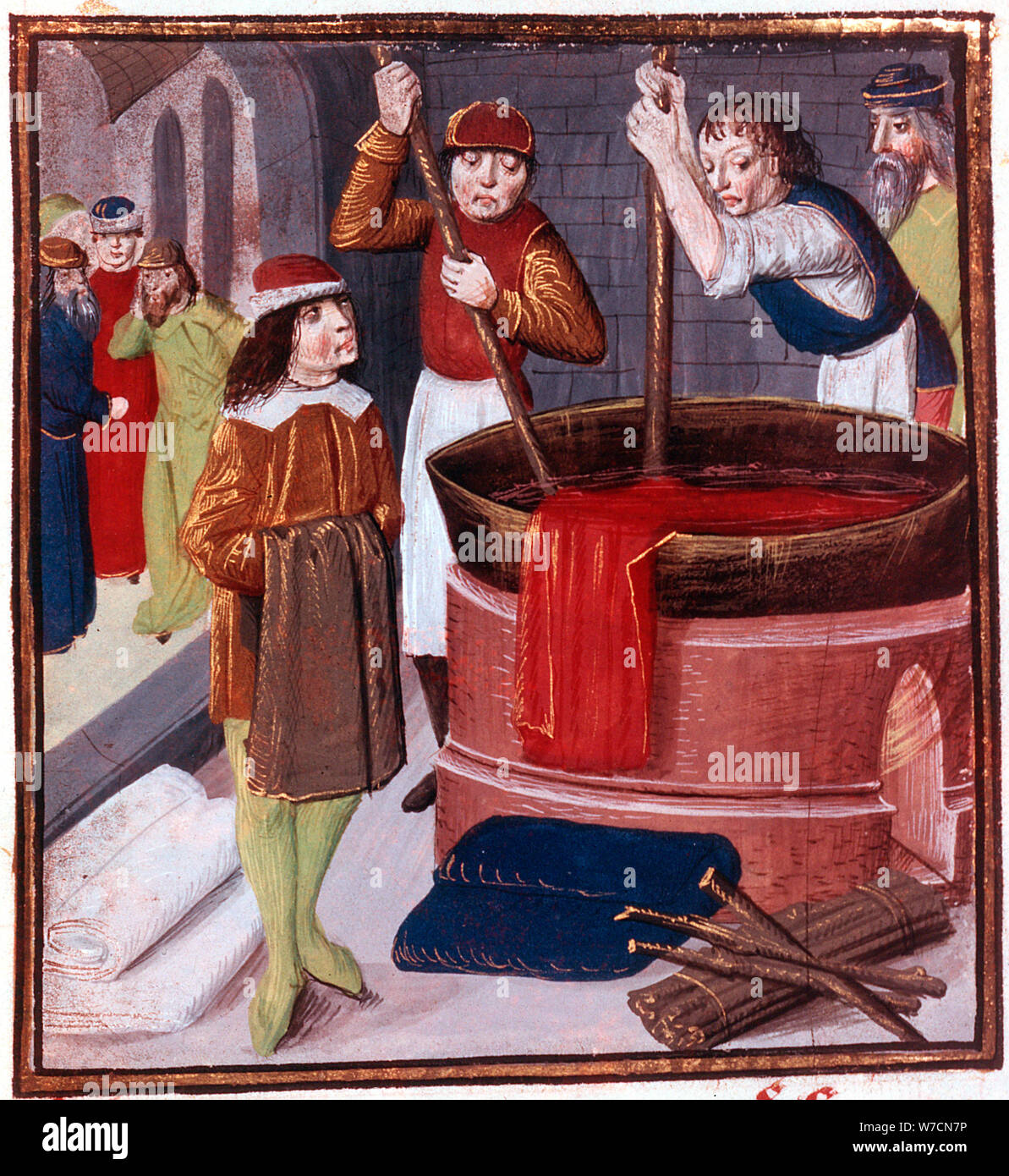 Dyers eintauchen Schraube der Stoff der Mehrwertsteuer von Farbstoff, der sich über einem Feuer gelegt, aus dem 15. Jahrhundert. Artist: Unbekannt Stockfoto