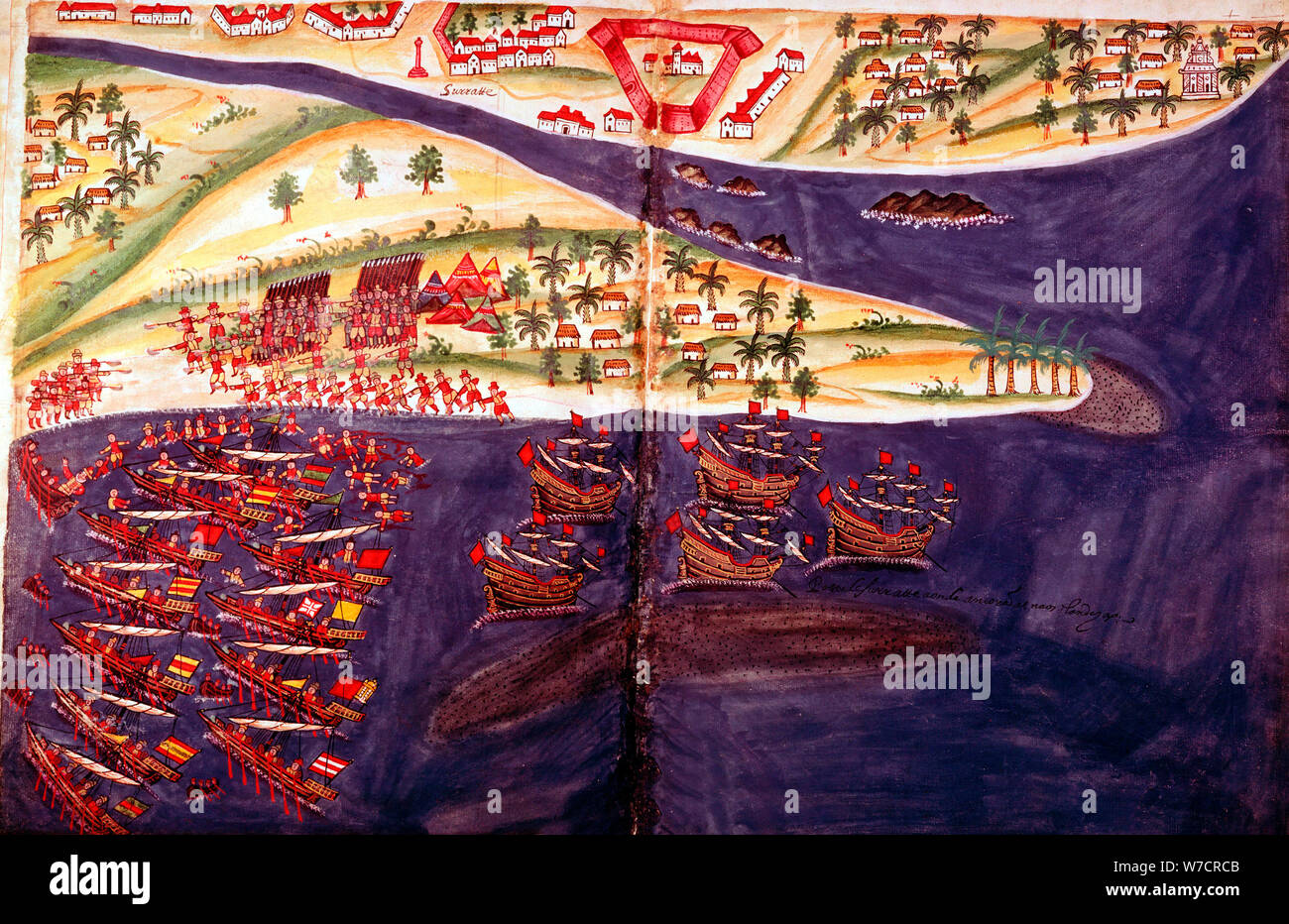Schlacht zwischen den Muslimen und Portugiesisch an Surat, Gujarat, in der Nähe von Bombay, Indien, c 16. Jahrhundert Künstler: Unbekannt Stockfoto