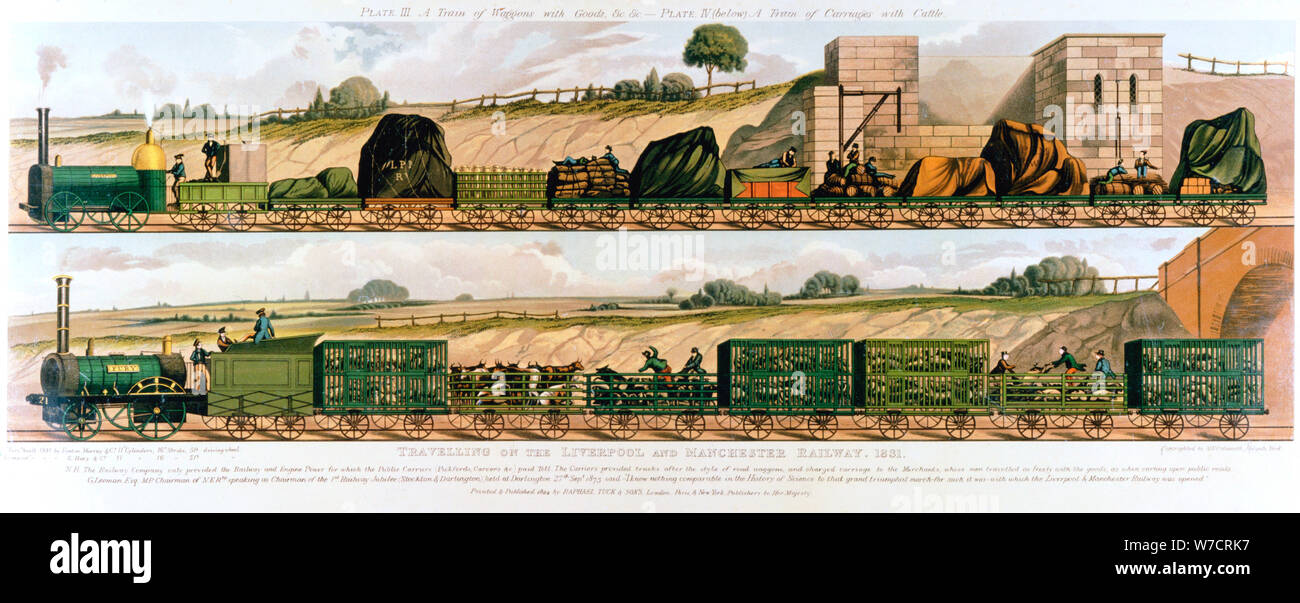"Reisen auf der Liverpool und Manchester Railway", 1831. Artist: Unbekannt Stockfoto