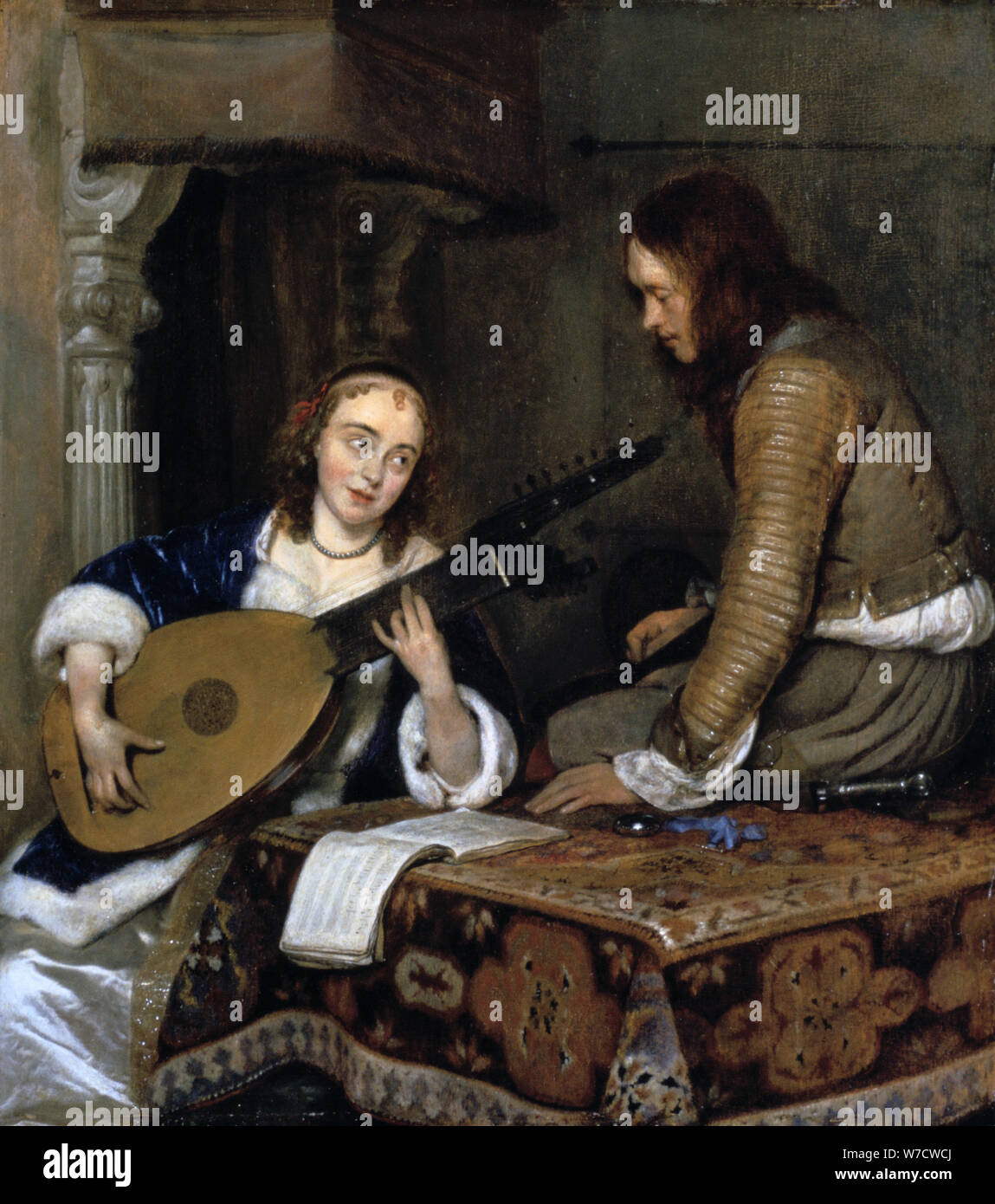 "Eine Frau Spielen der Theorbo-Lute und ein Cavalier', c 1658. Artist: Gerard Terborch II. Stockfoto